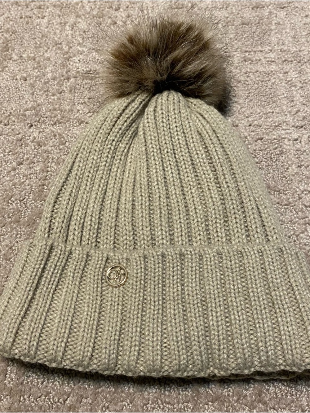 {Calvin Klein} Neutral Tan/Beige Ribbed Knit Hat With Pom Pom